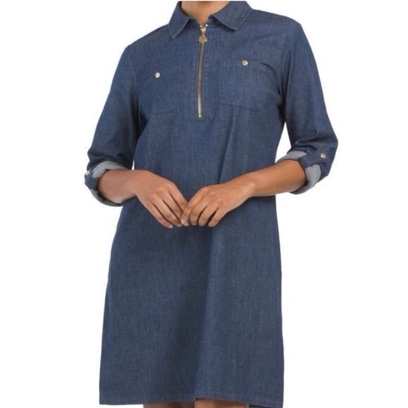 Anne Klein Size 12 Denim LS Shift Tunic Dress Gold Zipper Roll Tab Sleeve - Picture 1 of 5